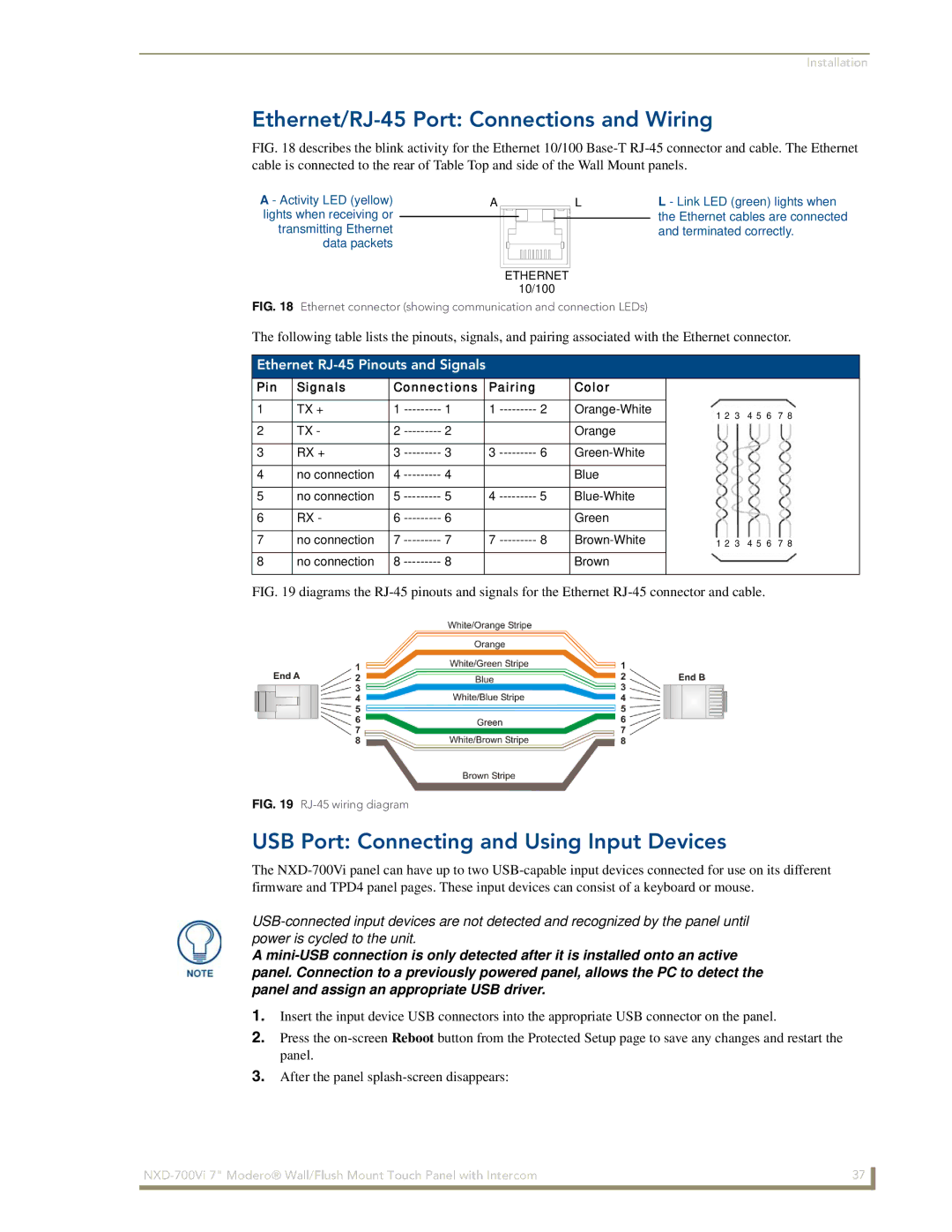 AMX NXD-700Vi manual Ethernet/RJ-45 Port Connections and Wiring, USB Port Connecting and Using Input Devices 