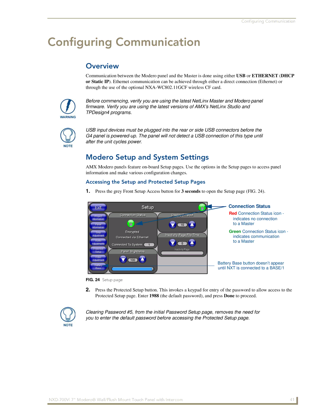 AMX NXD-700Vi Configuring Communication, Modero Setup and System Settings, Accessing the Setup and Protected Setup Pages 