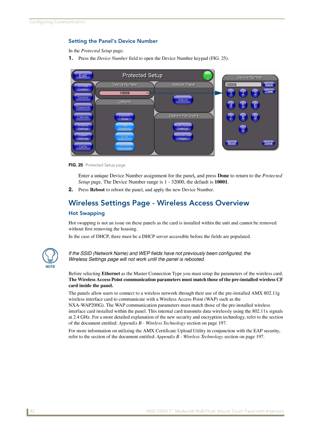 AMX NXD-700Vi manual Wireless Settings Page Wireless Access Overview, Setting the Panel’s Device Number, Hot Swapping 