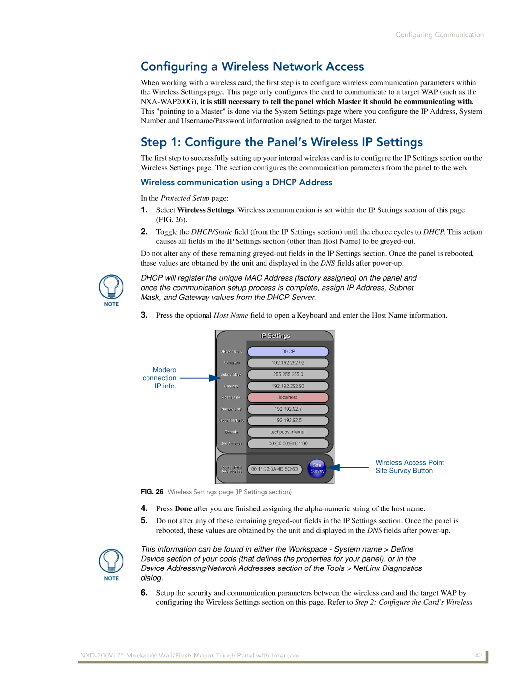 AMX NXD-700Vi manual Configuring a Wireless Network Access, Configure the Panel’s Wireless IP Settings 