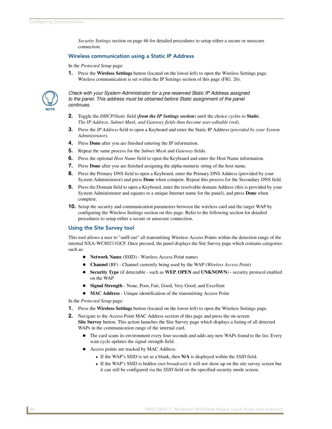 AMX NXD-700Vi manual Wireless communication using a Static IP Address, Using the Site Survey tool 