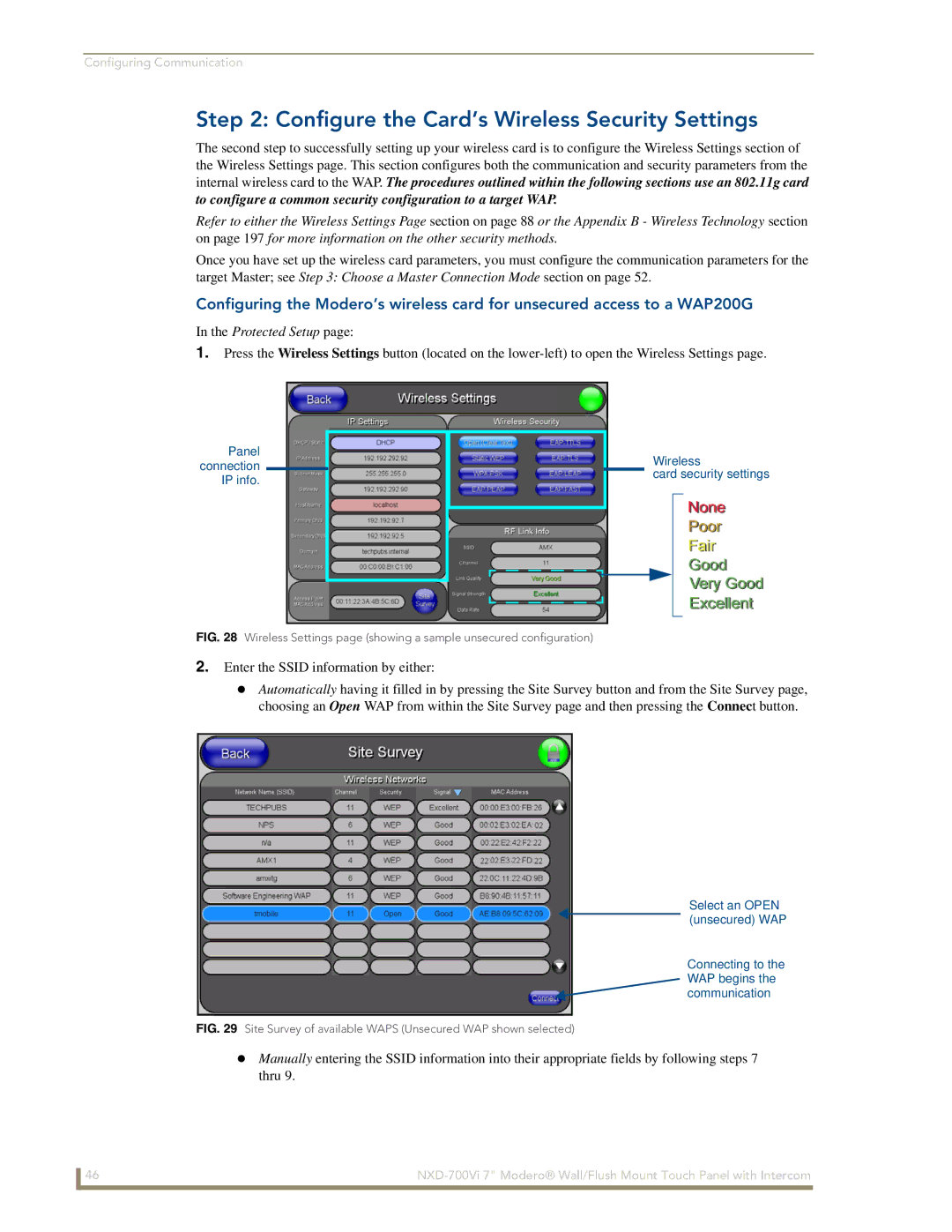 AMX NXD-700Vi Configure the Card’s Wireless Security Settings, Site Survey of available Waps Unsecured WAP shown selected 