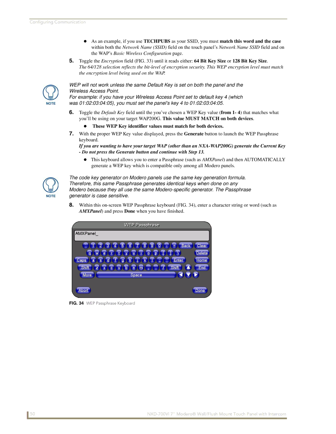 AMX NXD-700Vi manual WEP Passphrase Keyboard 