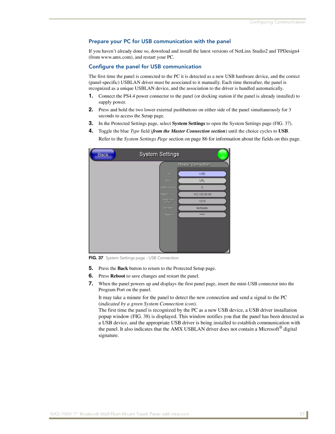 AMX NXD-700Vi manual System Settings page USB Connection 