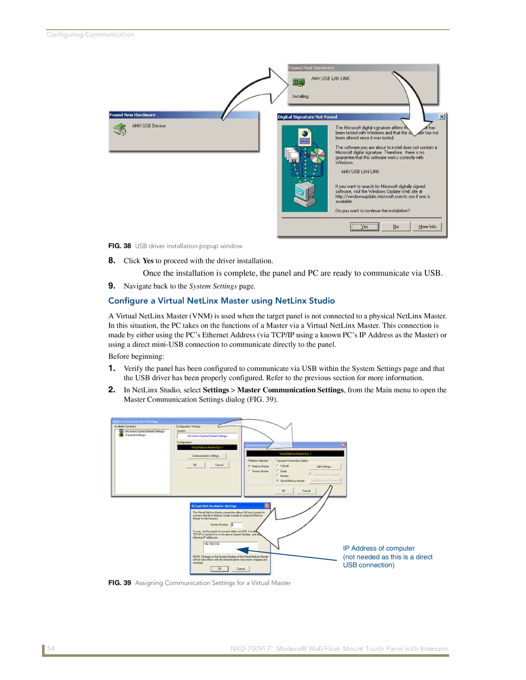 AMX NXD-700Vi manual Configure a Virtual NetLinx Master using NetLinx Studio, USB driver installation popup window 