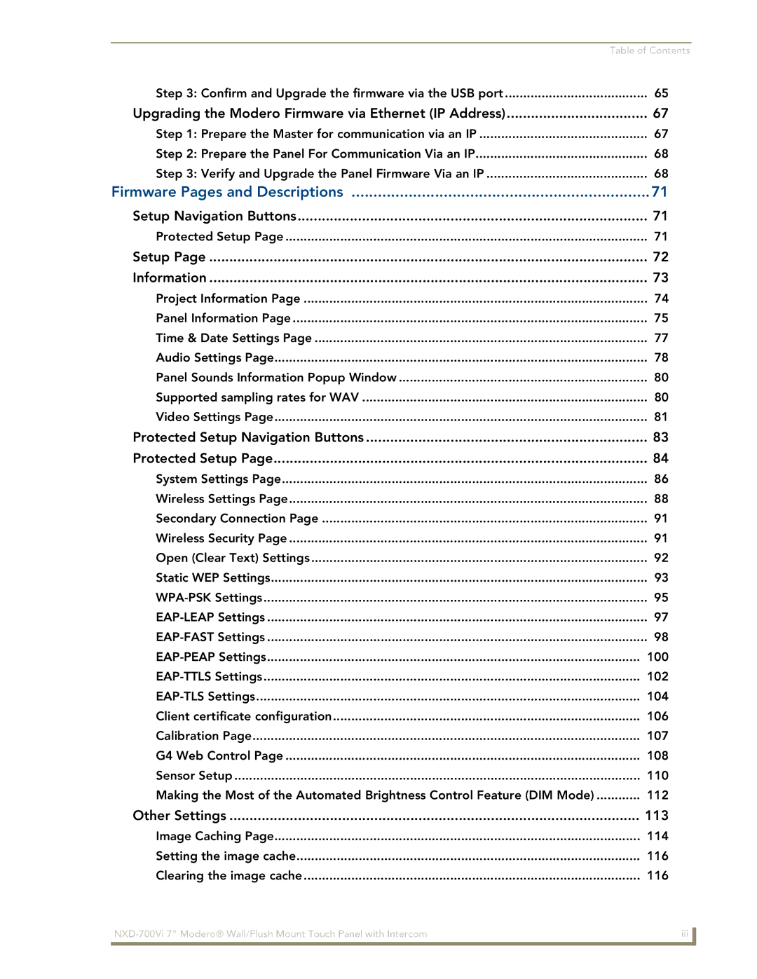 AMX NXD-700Vi manual Firmware Pages and Descriptions 