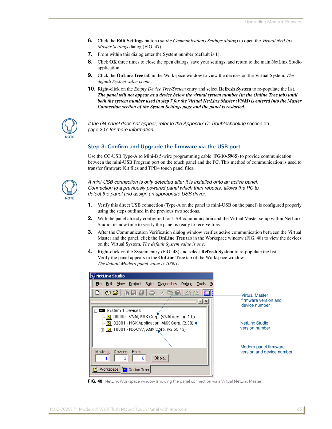 AMX NXD-700Vi manual Confirm and Upgrade the firmware via the USB port, Default Modero panel value is 