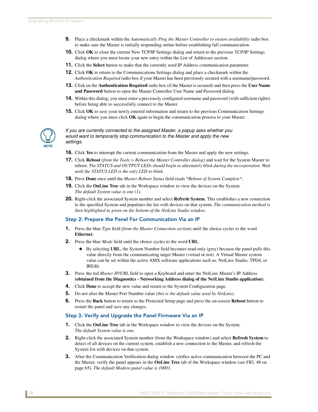AMX NXD-700Vi manual Prepare the Panel For Communication Via an IP, Verify and Upgrade the Panel Firmware Via an IP 