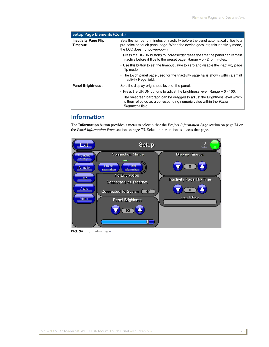 AMX NXD-700Vi manual Information, Inactivity Page Flip, Timeout, Panel Brightness 