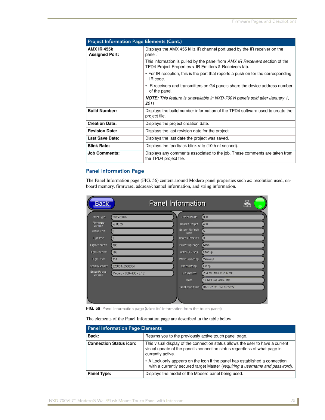 AMX NXD-700Vi manual Panel Information Page Elements 