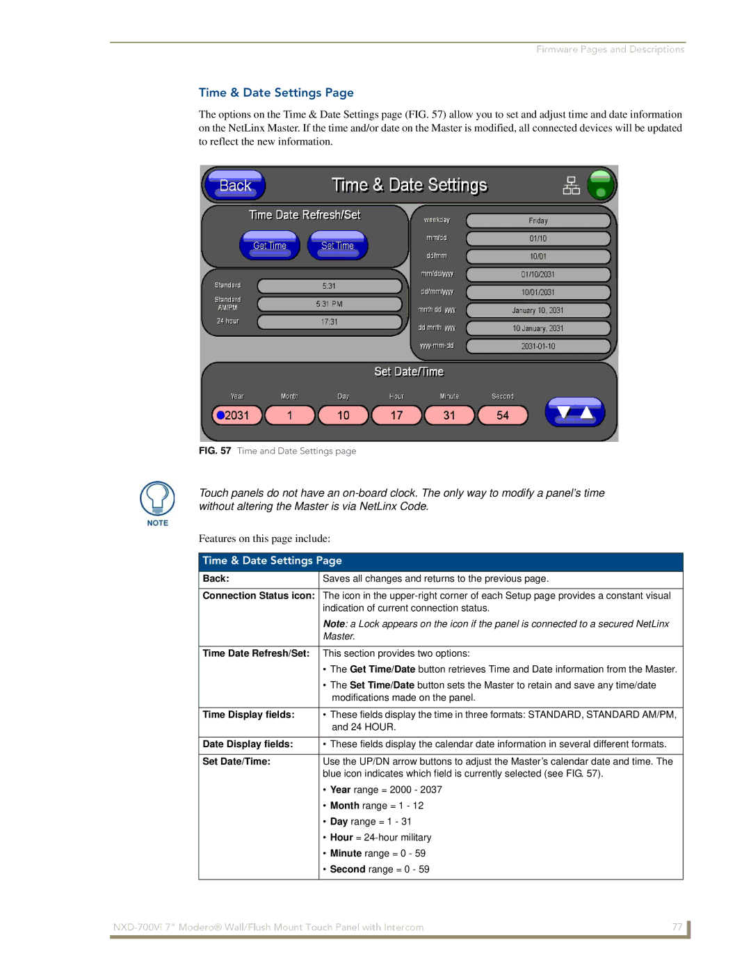 AMX NXD-700Vi manual Time & Date Settings 