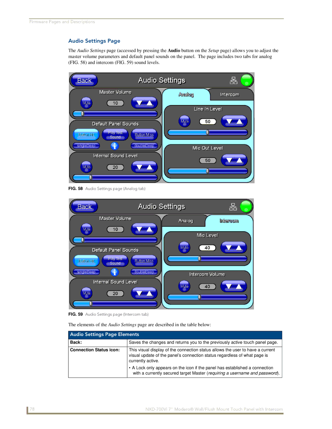 AMX NXD-700Vi manual Audio Settings Page Elements 