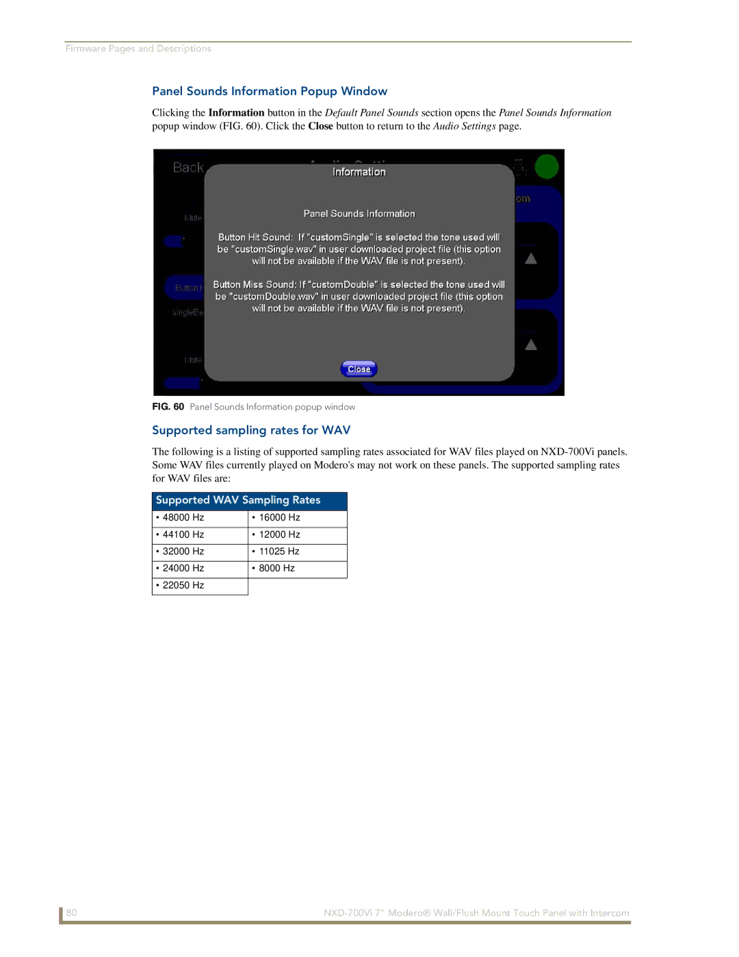 AMX NXD-700Vi manual Panel Sounds Information Popup Window, Supported sampling rates for WAV, Supported WAV Sampling Rates 