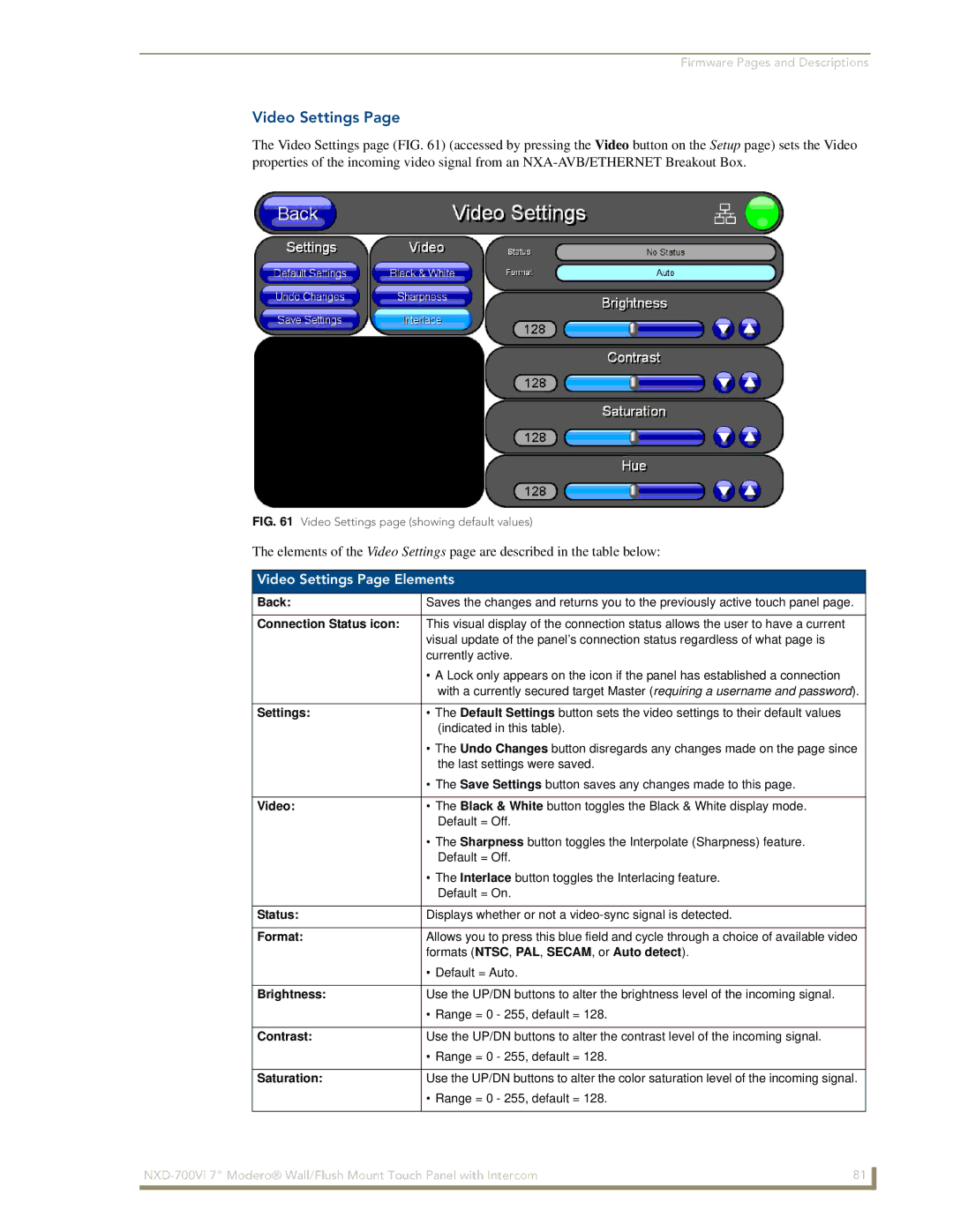 AMX NXD-700Vi manual Video Settings Page Elements 