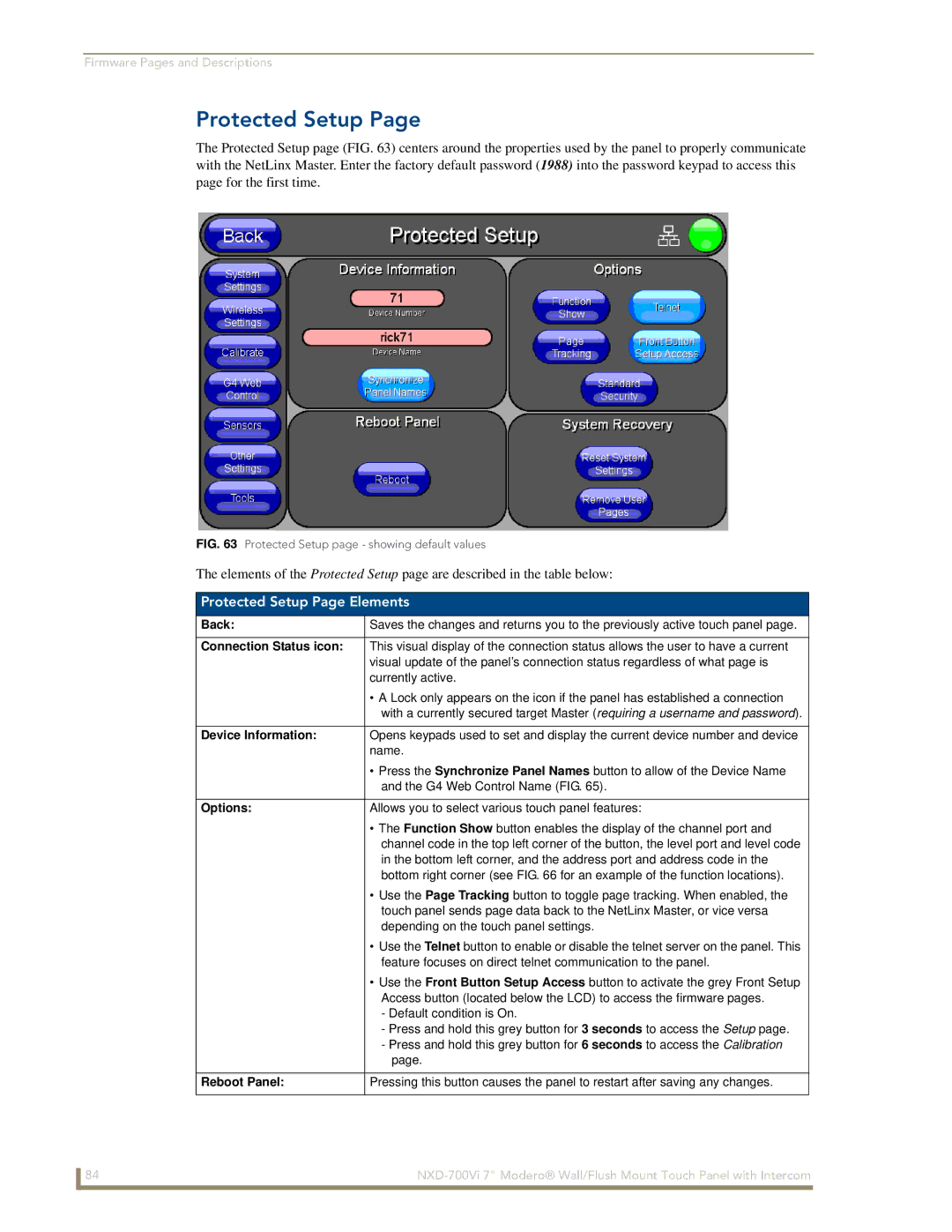 AMX NXD-700Vi manual Protected Setup Page Elements, Device Information, Options, Reboot Panel 