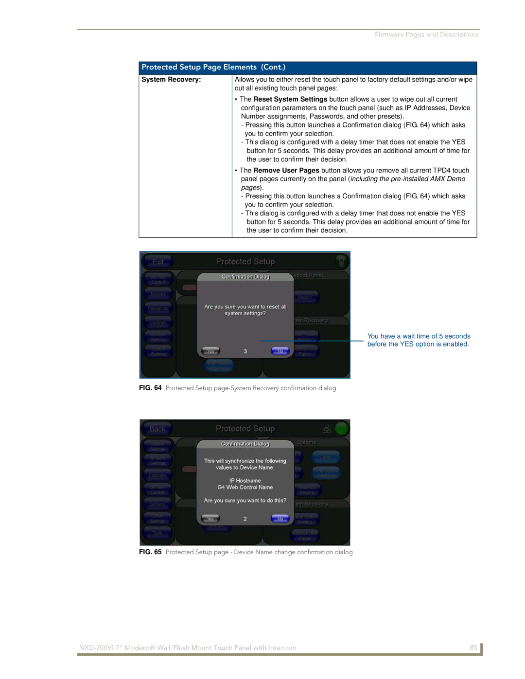 AMX NXD-700Vi manual Protected Setup page-System Recovery confirmation dialog 