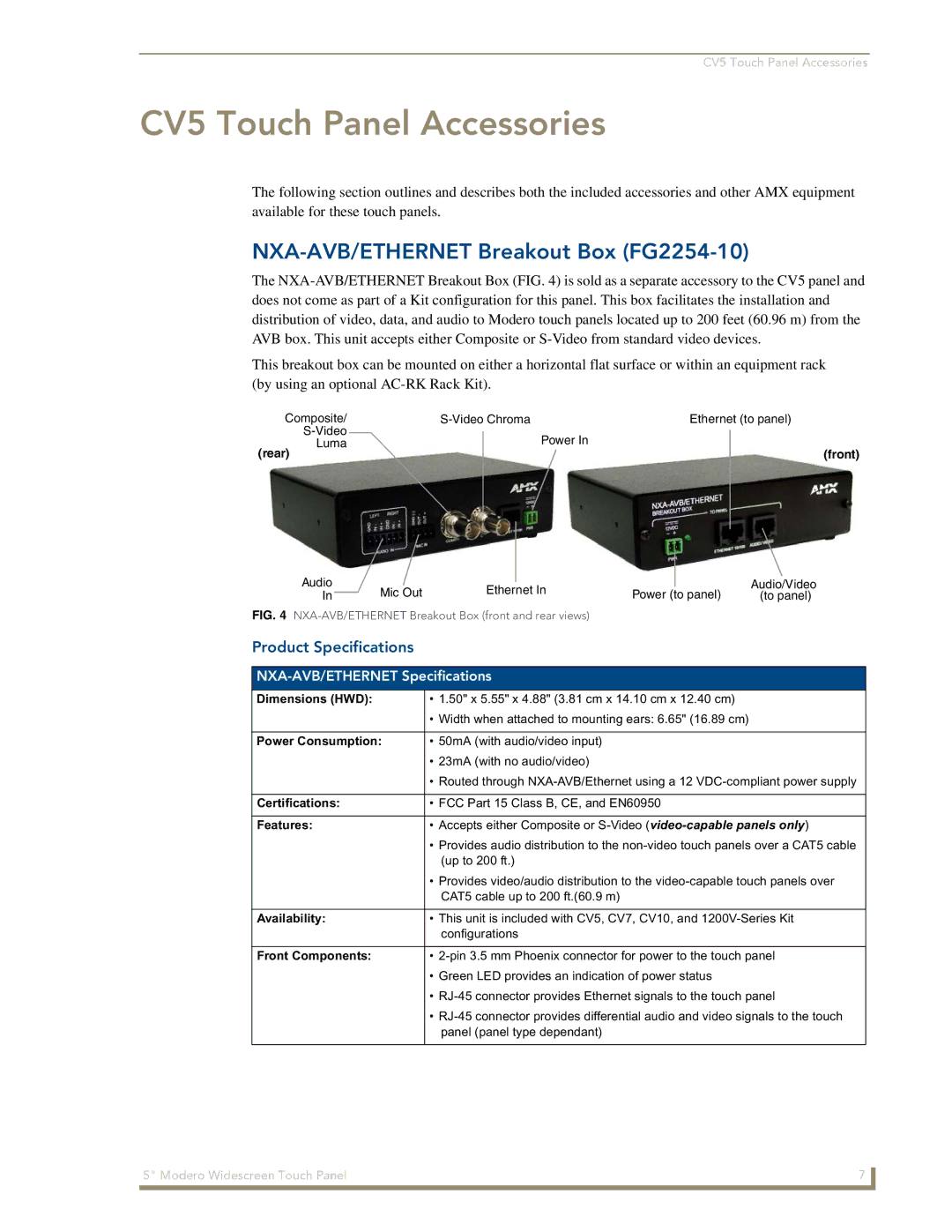 AMX NXD-CV5 manual NXA-AVB/ETHERNET Breakout Box FG2254-10, Product Specifications, NXA-AVB/ETHERNET Specifications 