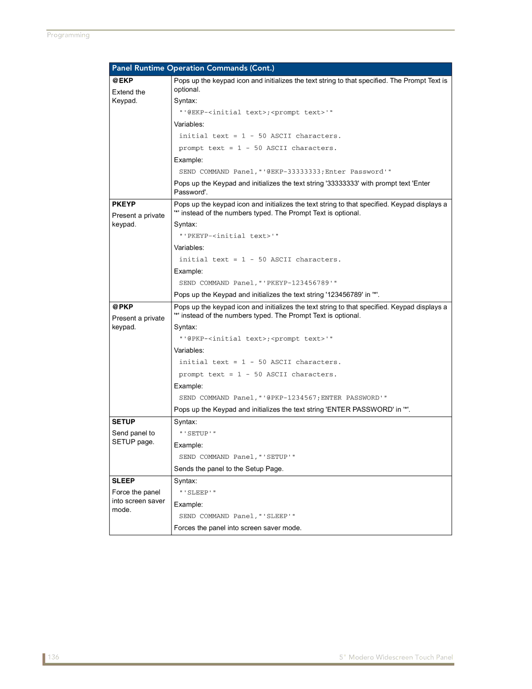 AMX NXD-CV5 manual @Ekp, Pkeyp, @Pkp, Setup, Sleep 