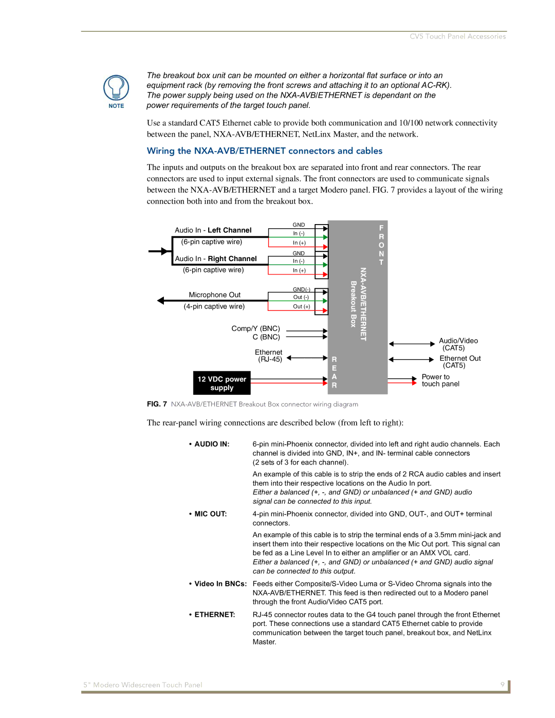 AMX NXD-CV5 Wiring the NXA-AVB/ETHERNET connectors and cables, NXA-AVB/ETHERNET Breakout Box connector wiring diagram 