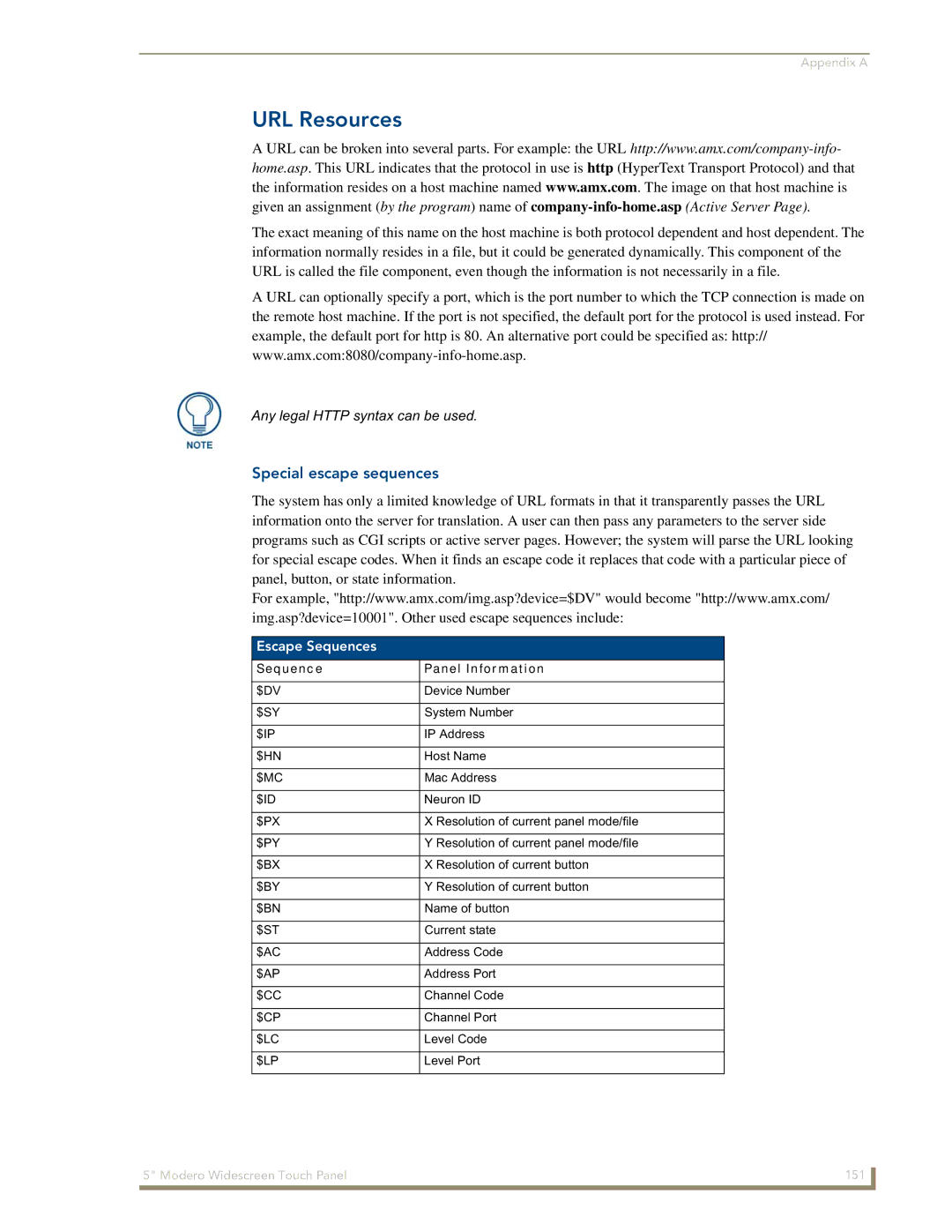 AMX NXD-CV5 manual URL Resources, Special escape sequences, Escape Sequences, Sequence Panel Information 