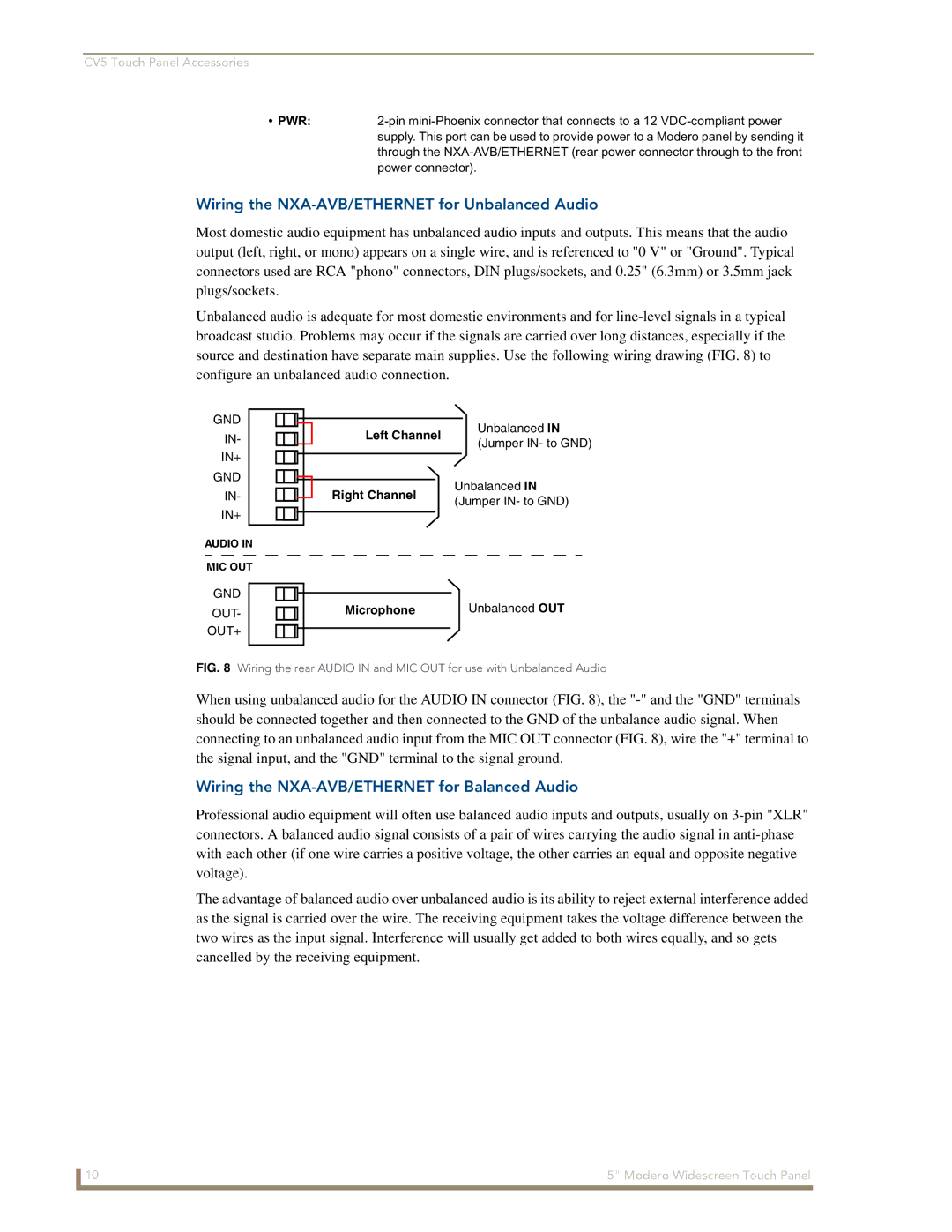 AMX NXD-CV5 manual Wiring the NXA-AVB/ETHERNET for Unbalanced Audio, Wiring the NXA-AVB/ETHERNET for Balanced Audio 