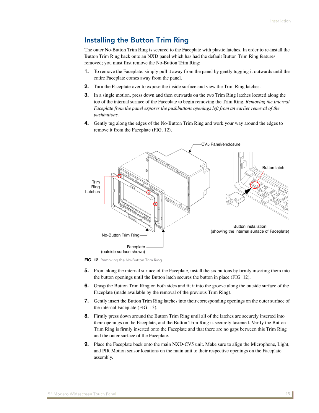 AMX NXD-CV5 manual Installing the Button Trim Ring, Removing the No-Button Trim Ring 