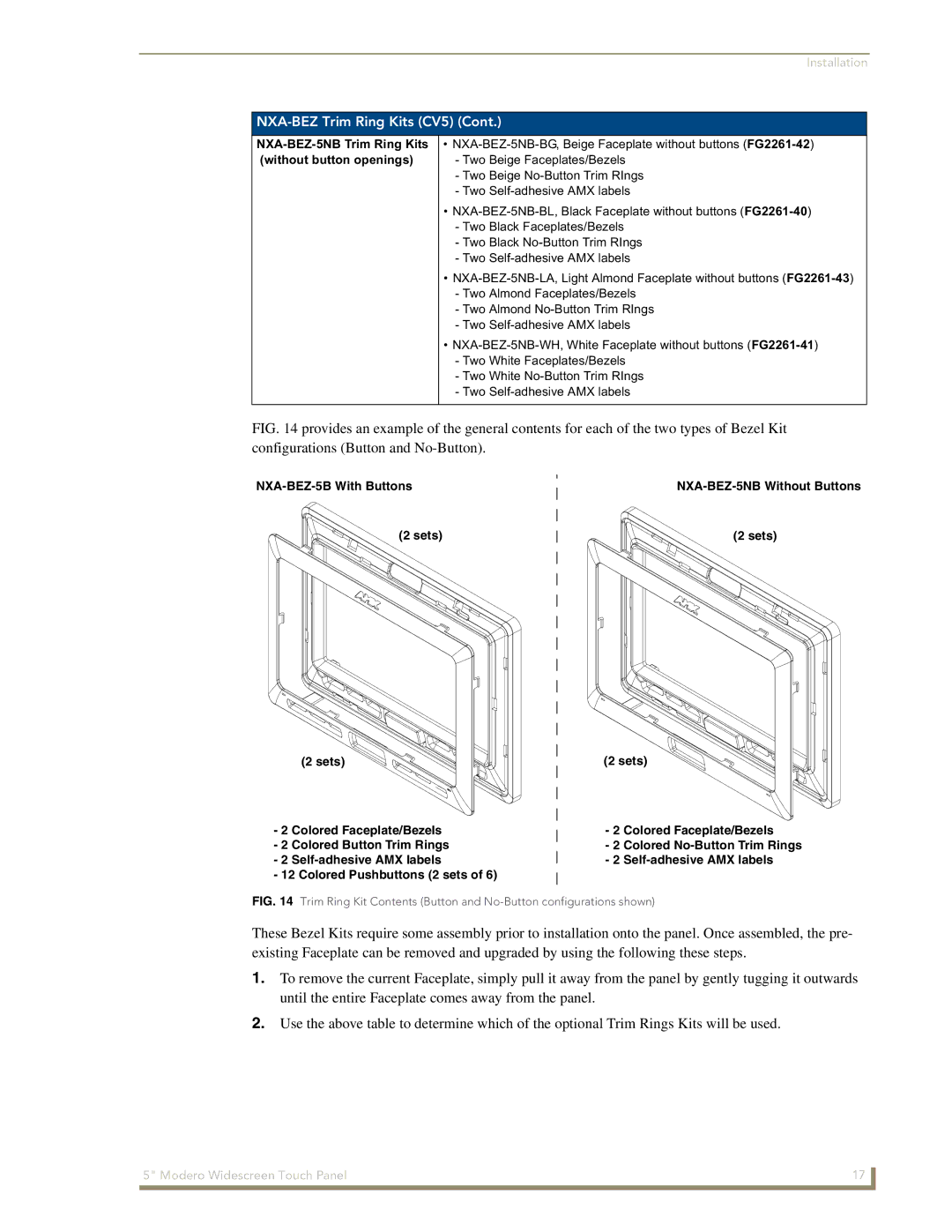 AMX NXD-CV5 manual NXA-BEZ-5NB Trim Ring Kits without button openings 