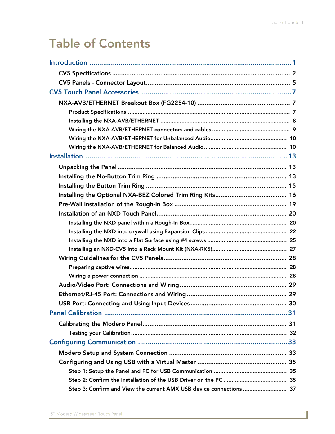 AMX NXD-CV5 manual Table of Contents 