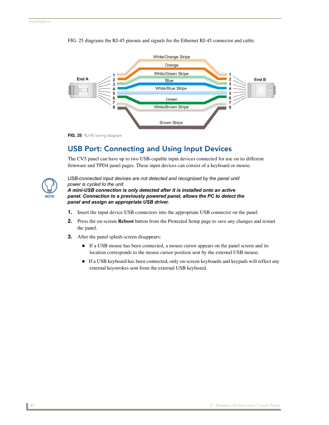 AMX NXD-CV5 manual USB Port Connecting and Using Input Devices, RJ-45 wiring diagram 