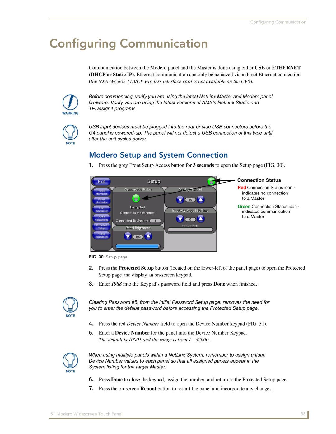 AMX NXD-CV5 manual Configuring Communication, Modero Setup and System Connection 