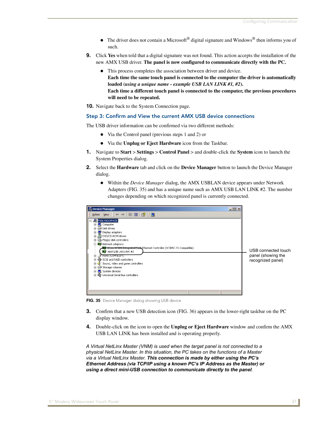 AMX NXD-CV5 manual Confirm and View the current AMX USB device connections, Device Manager dialog showing USB device 