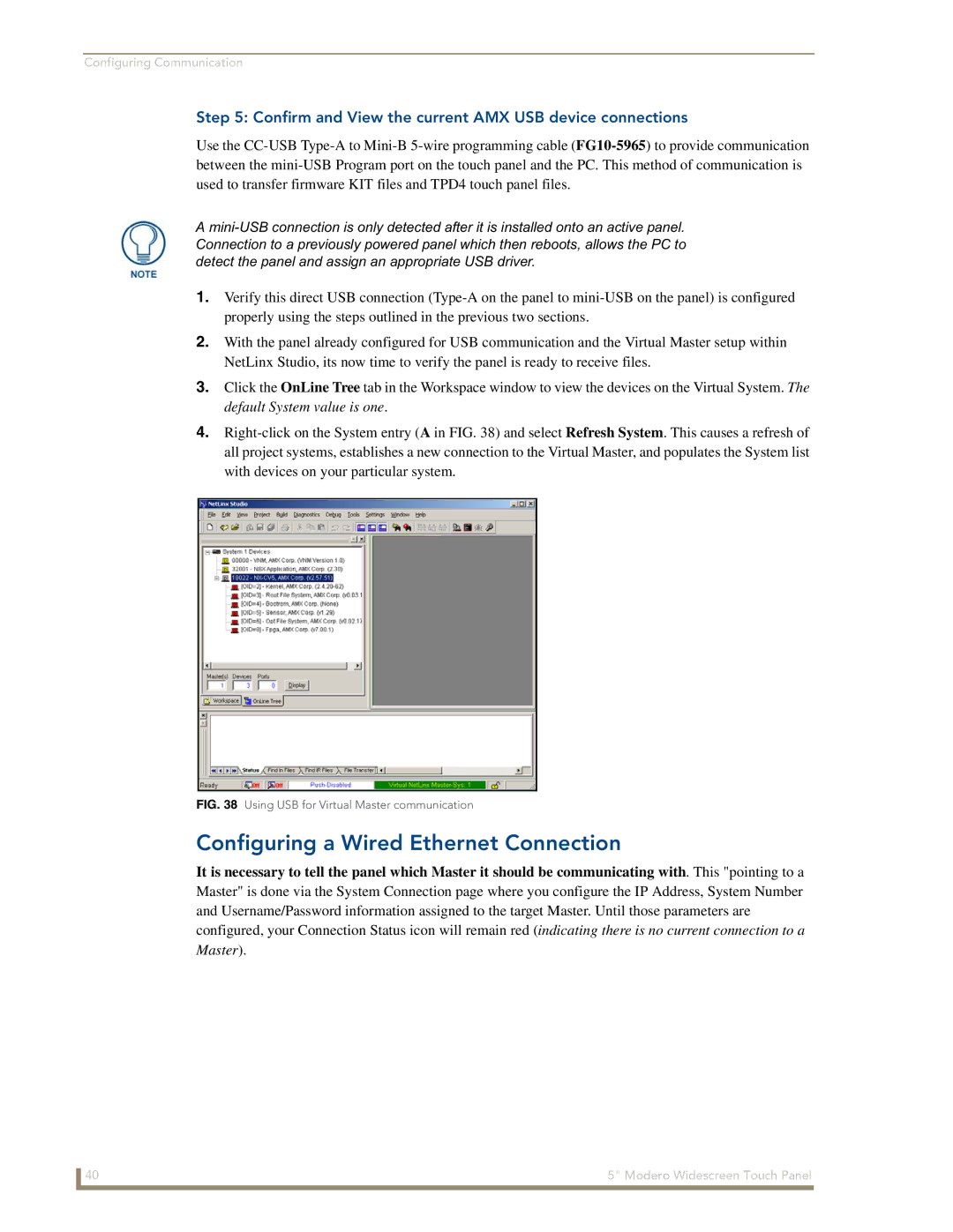 AMX NXD-CV5 manual Configuring a Wired Ethernet Connection, Using USB for Virtual Master communication 