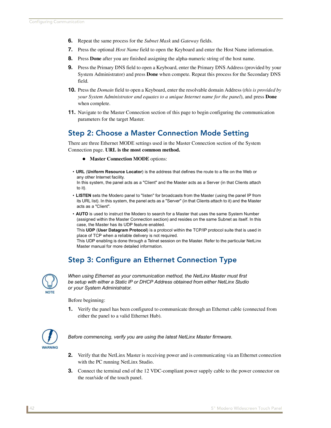 AMX NXD-CV5 manual Choose a Master Connection Mode Setting, Configure an Ethernet Connection Type 