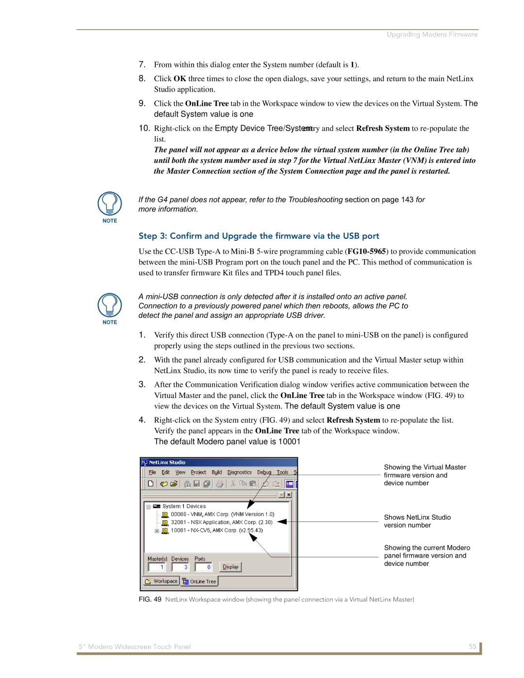 AMX NXD-CV5 manual Confirm and Upgrade the firmware via the USB port, Default Modero panel value is 