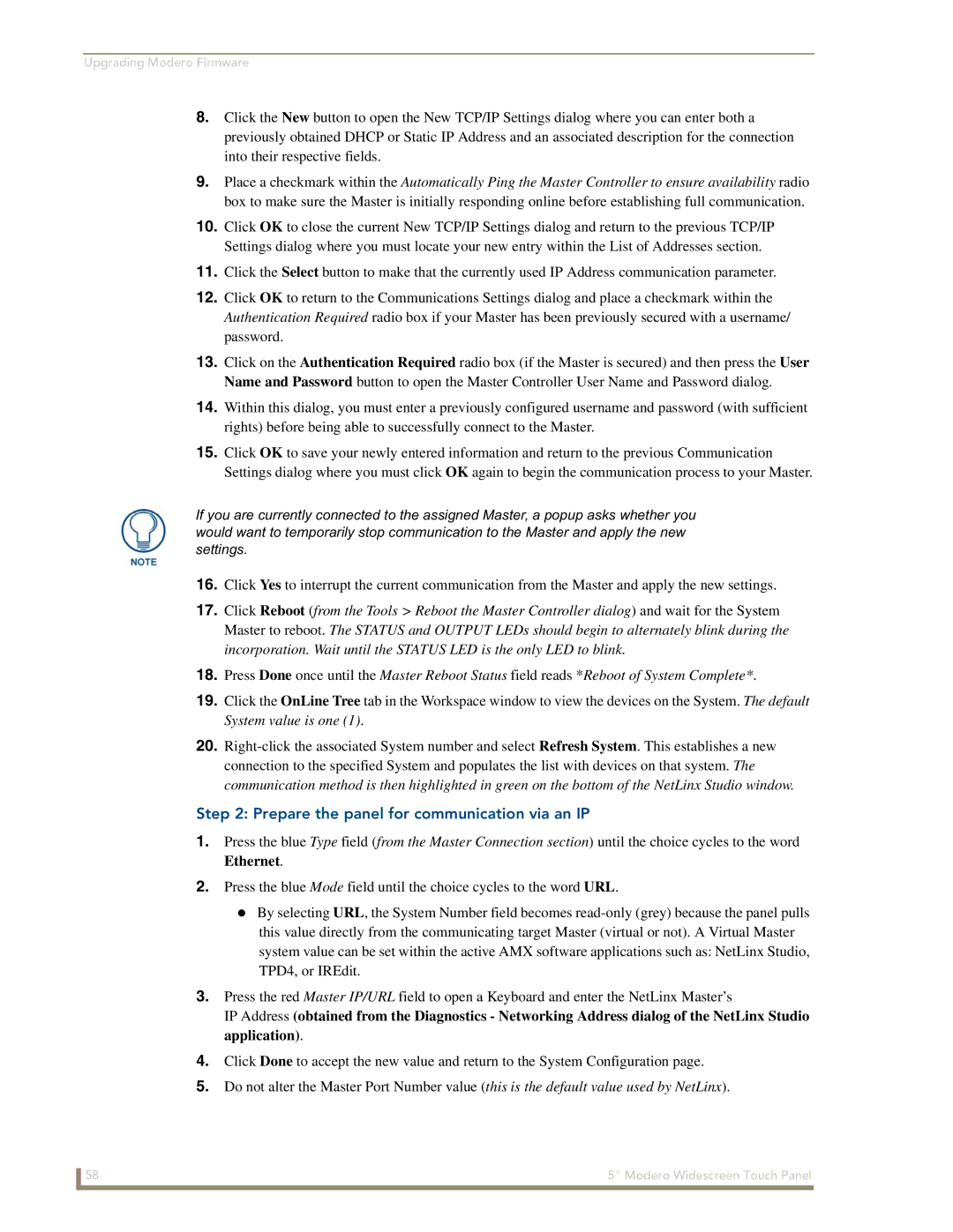 AMX NXD-CV5 manual Prepare the panel for communication via an IP 