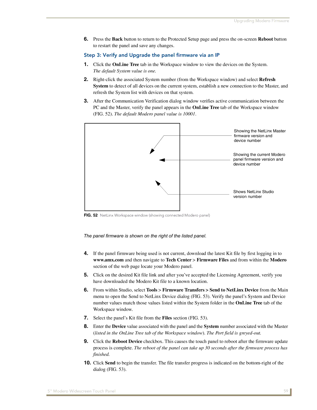 AMX NXD-CV5 manual Verify and Upgrade the panel firmware via an IP, NetLinx Workspace window showing connected Modero panel 