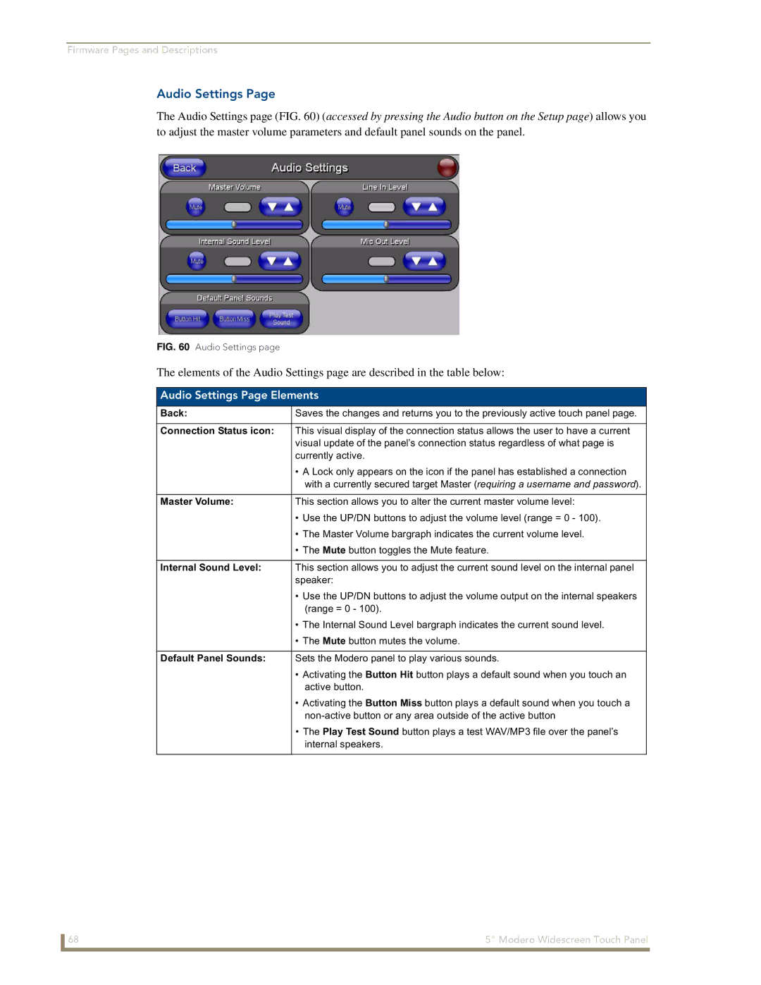 AMX NXD-CV5 manual Audio Settings Page Elements, Master Volume, Internal Sound Level, Default Panel Sounds 