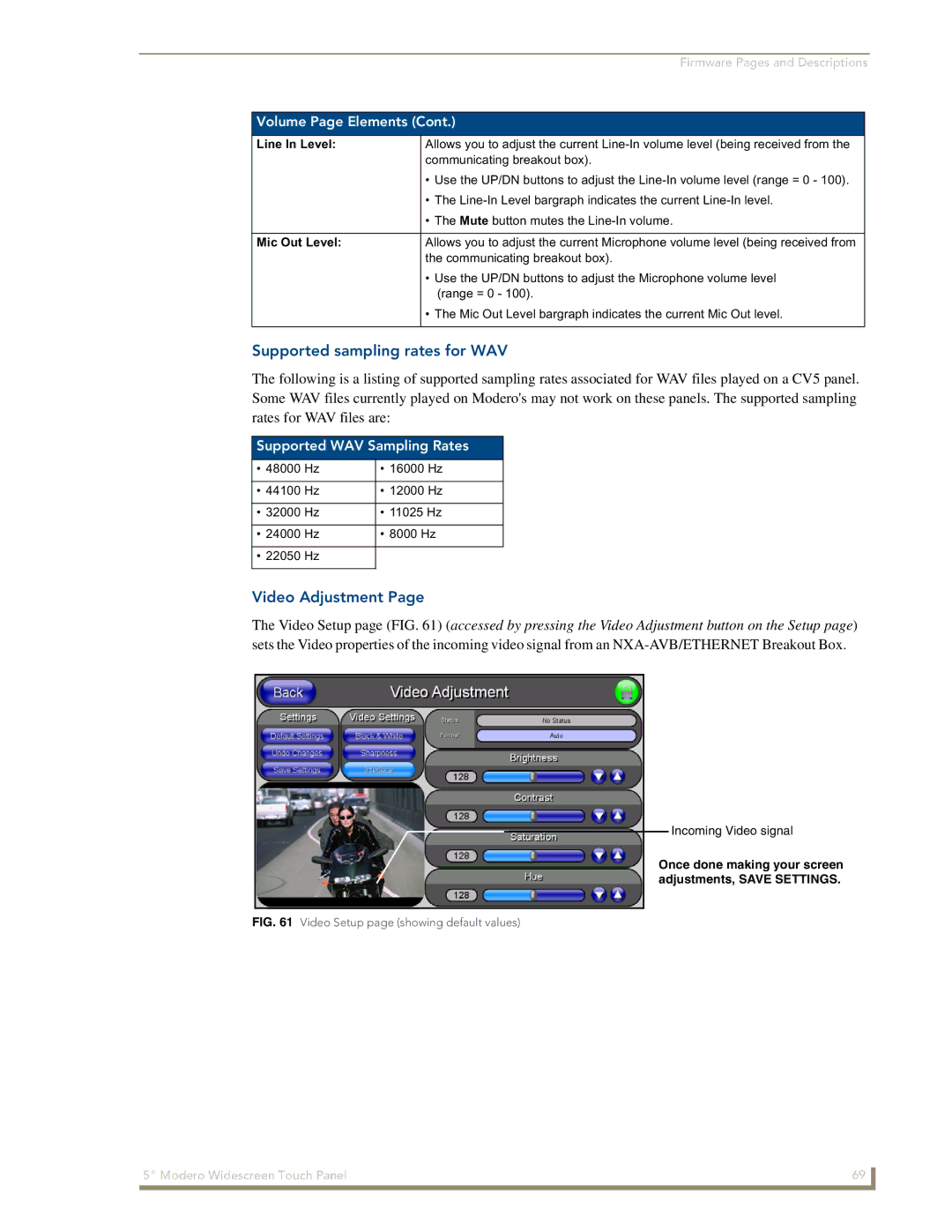 AMX NXD-CV5 manual Supported sampling rates for WAV, Video Adjustment, Volume Page Elements, Supported WAV Sampling Rates 