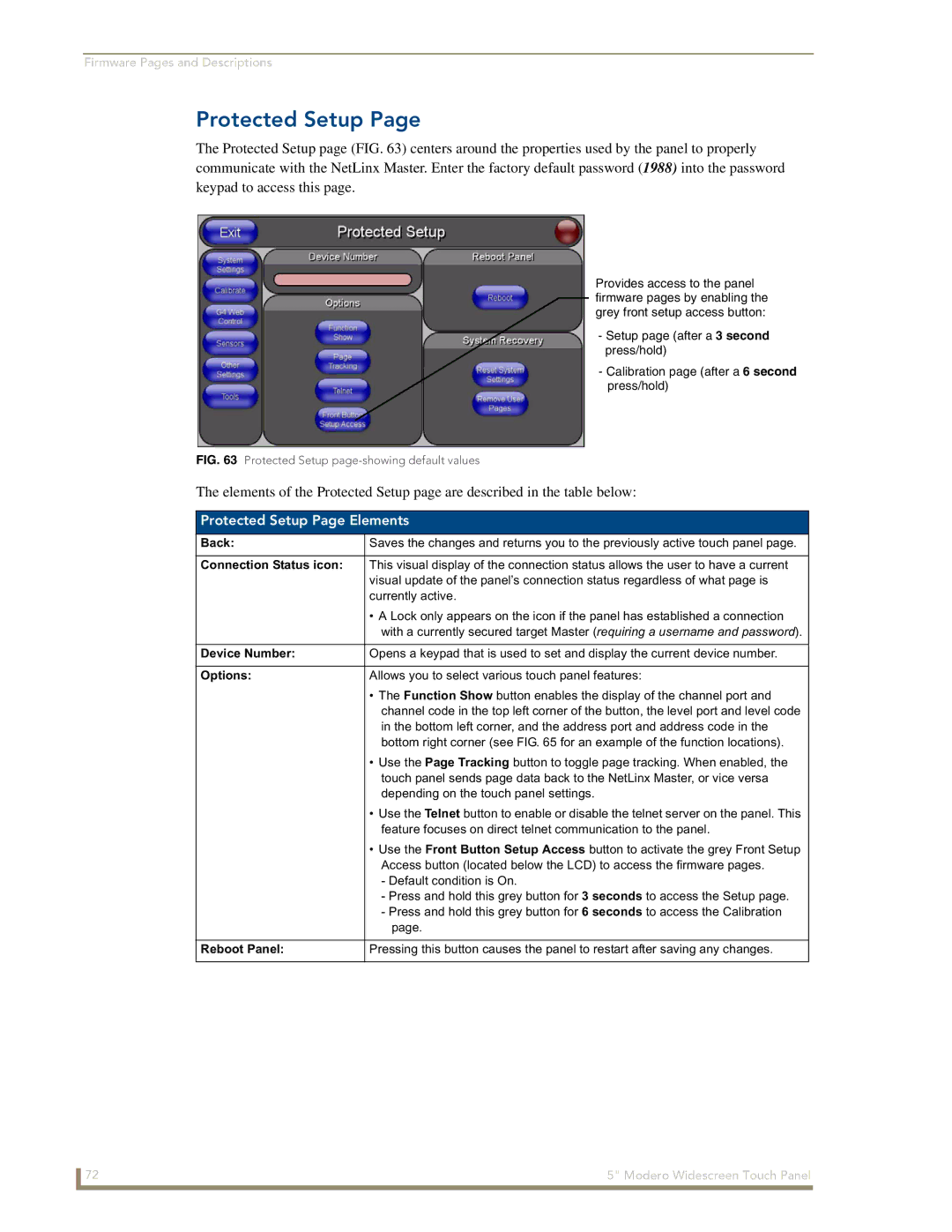 AMX NXD-CV5 manual Protected Setup Page Elements, Device Number, Options, Reboot Panel 