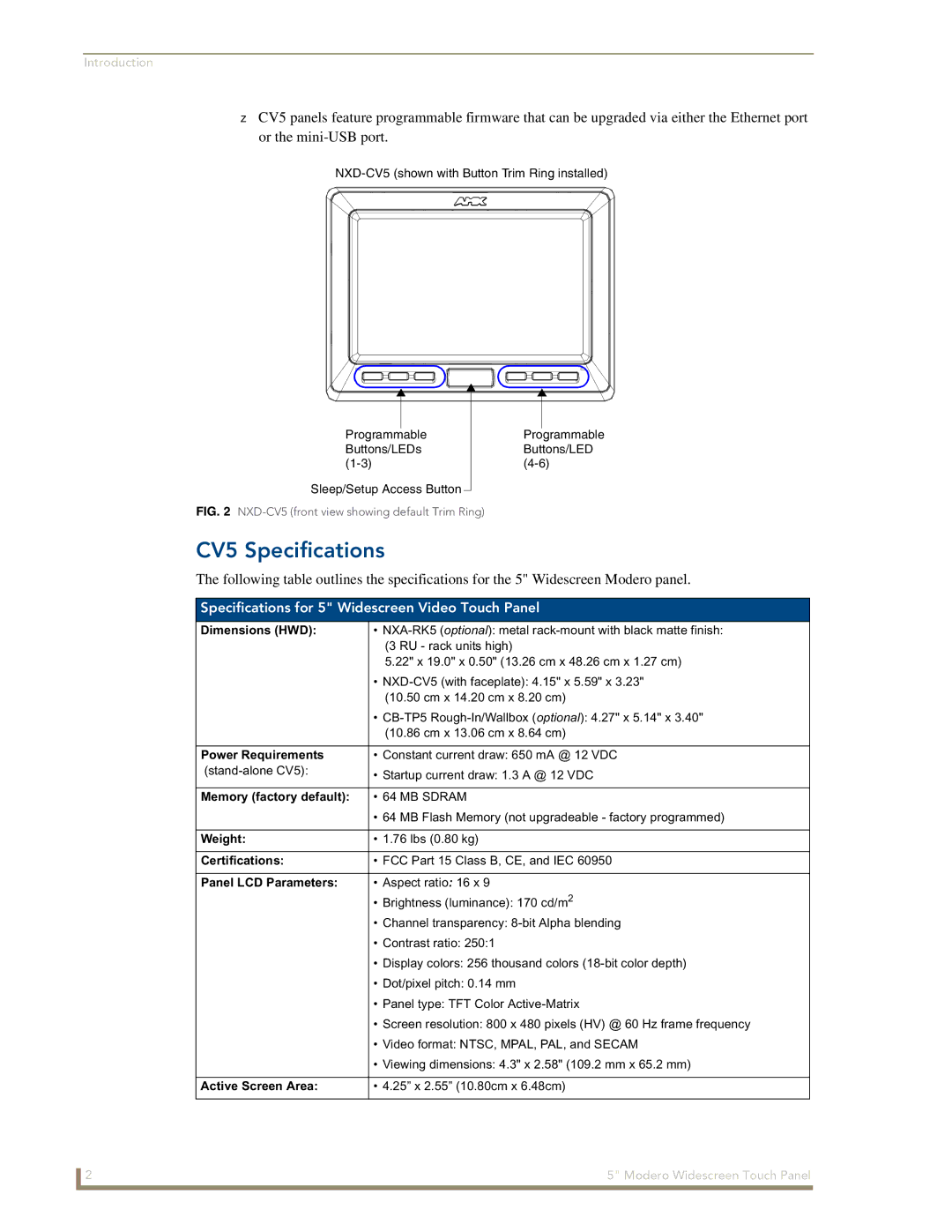 AMX NXD-CV5 manual CV5 Specifications, Specifications for 5 Widescreen Video Touch Panel 