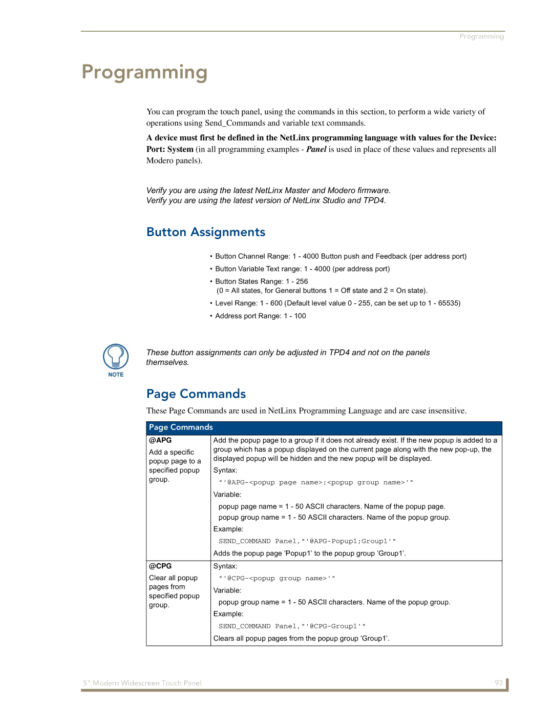 AMX NXD-CV5 manual Button Assignments, Commands, @Apg, @Cpg 