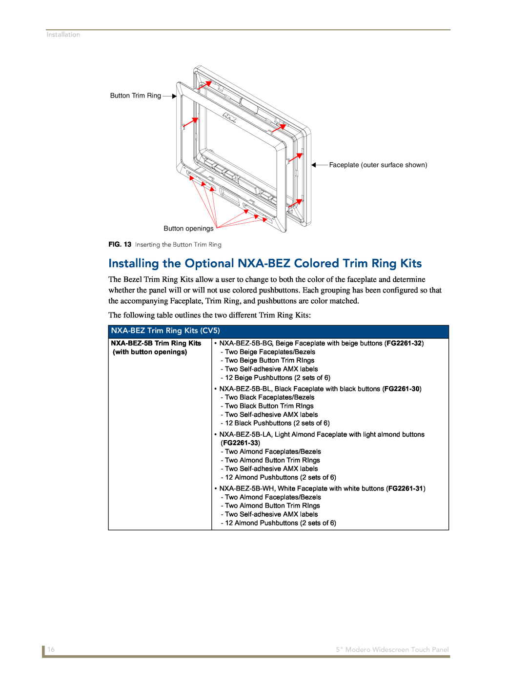 AMX NXD-CV5 manual Installing the Optional NXA-BEZ Colored Trim Ring Kits, NXA-BEZ Trim Ring Kits CV5, Installation 