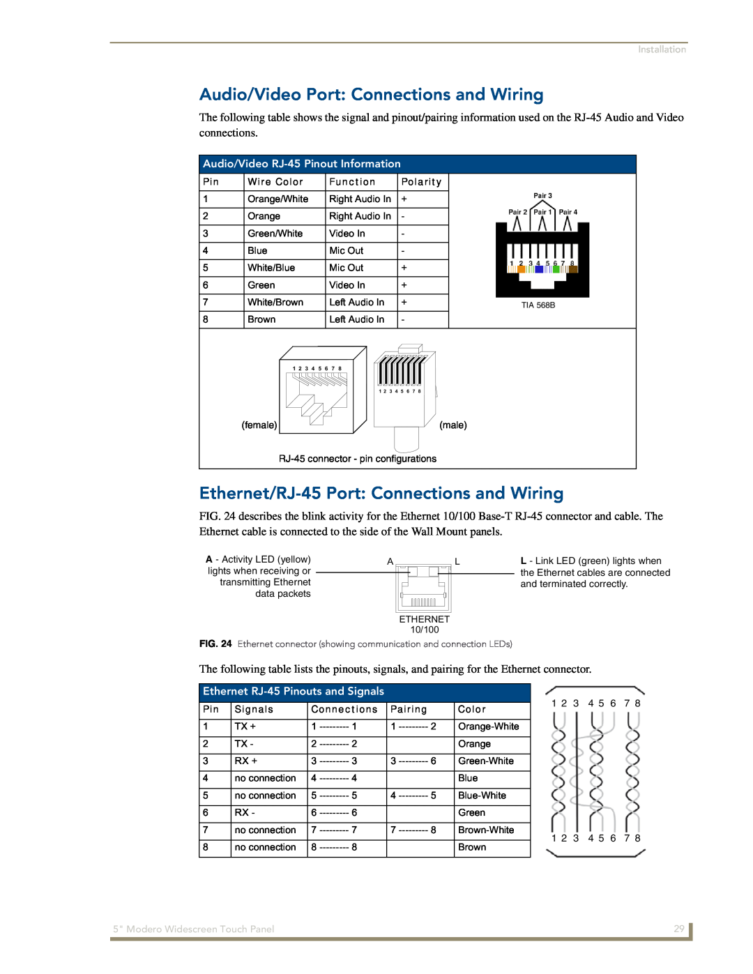 AMX NXD-CV5 manual Audio/Video Port Connections and Wiring, Ethernet/RJ-45 Port Connections and Wiring 