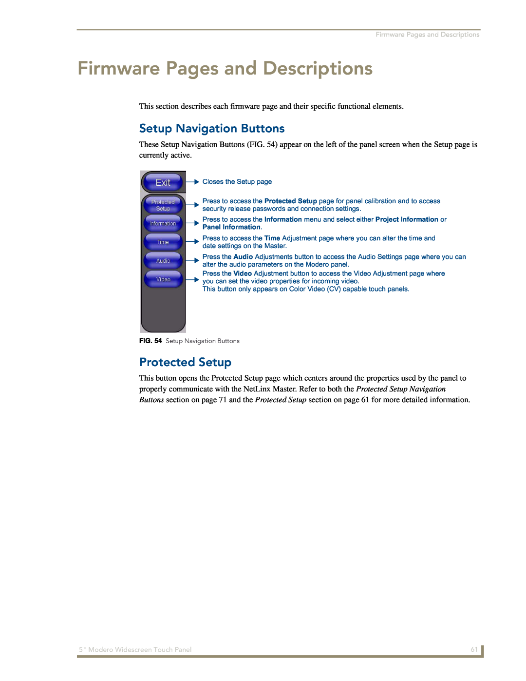 AMX NXD-CV5 manual Firmware Pages and Descriptions, Setup Navigation Buttons, Protected Setup 
