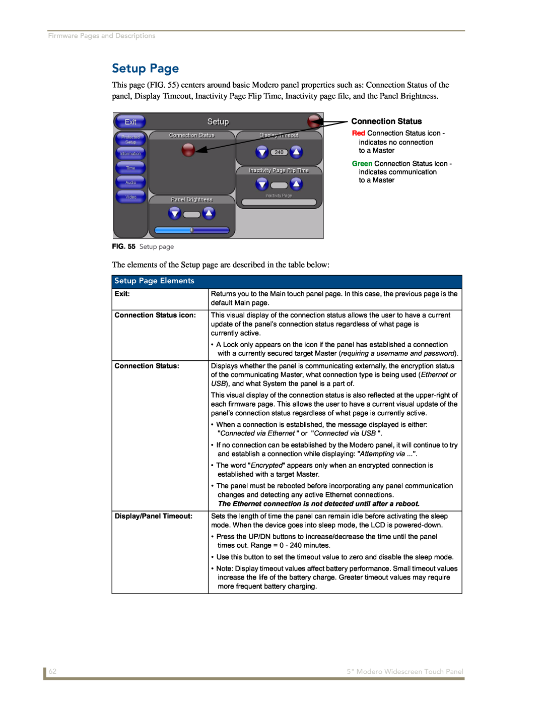 AMX NXD-CV5 manual Setup Page Elements, Firmware Pages and Descriptions, Exit, Connection Status icon 