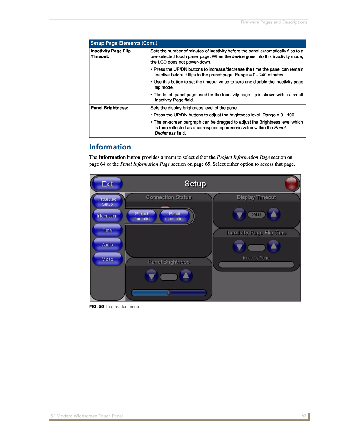AMX NXD-CV5 manual Information, Setup Page Elements Cont, Inactivity Page Flip, Timeout, Panel Brightness, Brightness field 