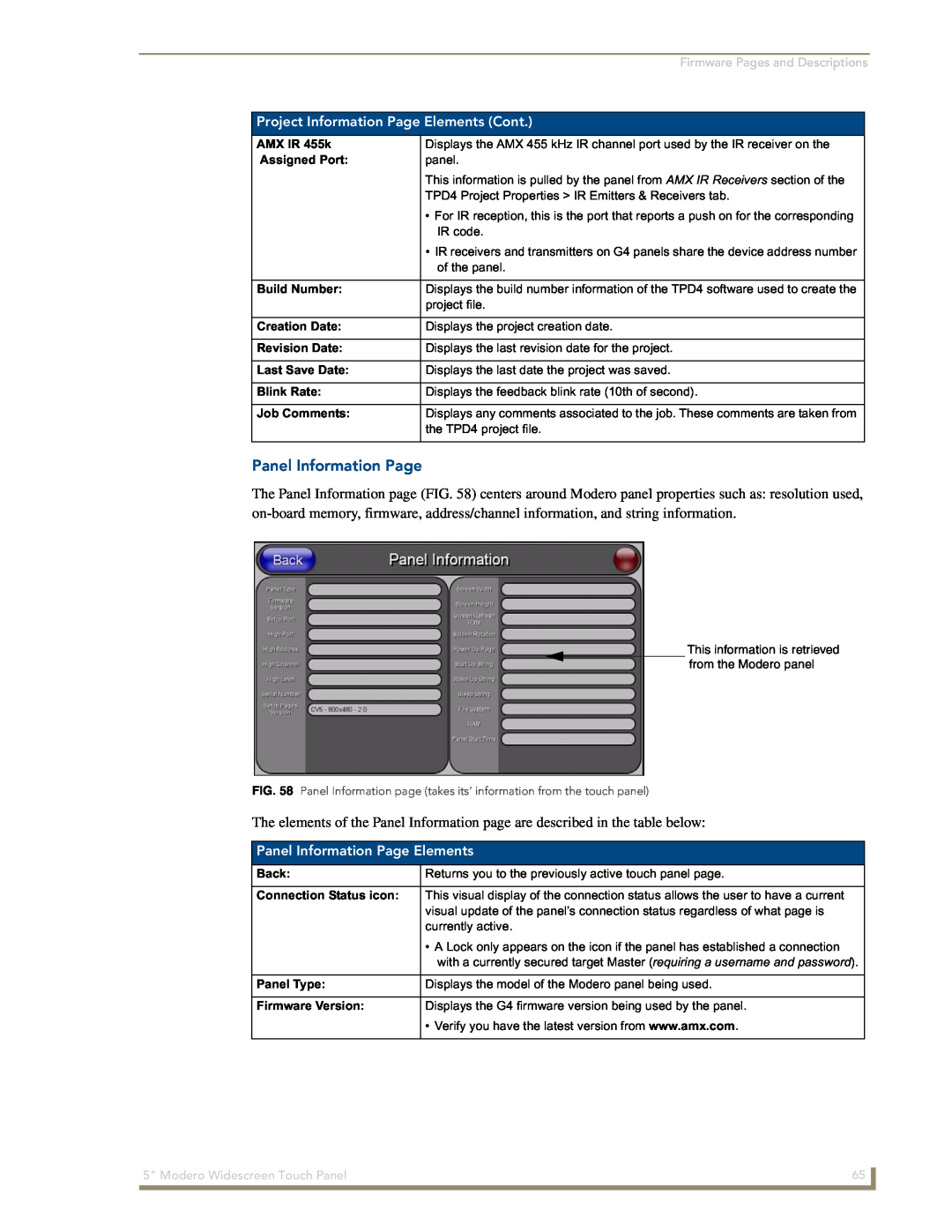 AMX NXD-CV5 manual Project Information Page Elements Cont, Panel Information Page Elements 