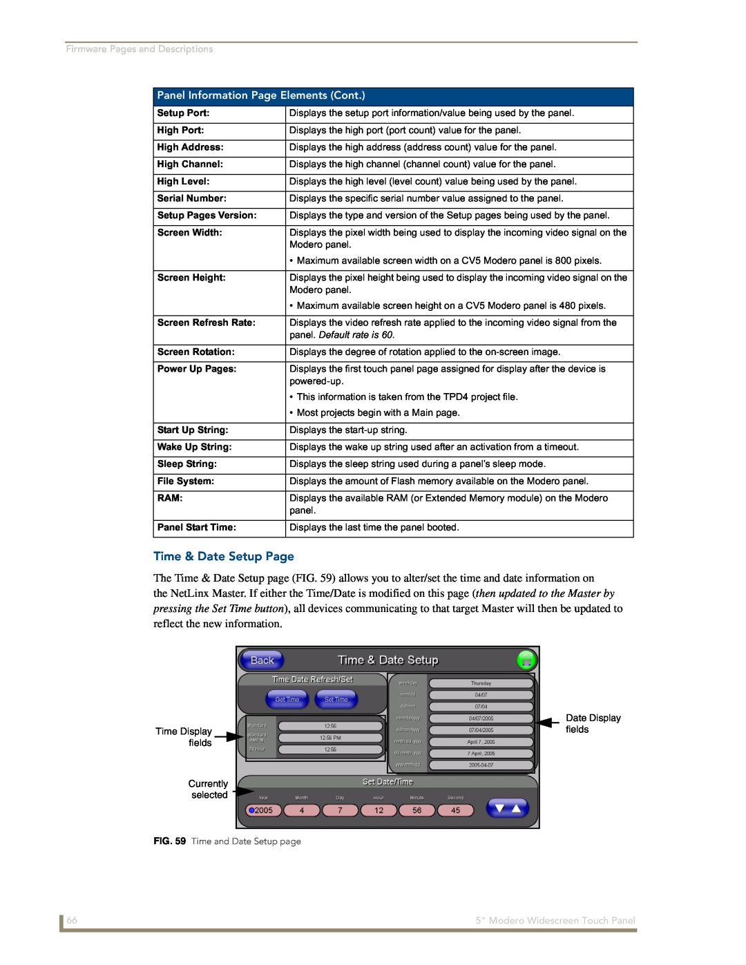 AMX NXD-CV5 Time & Date Setup Page, Panel Information Page Elements Cont, Firmware Pages and Descriptions, Setup Port 