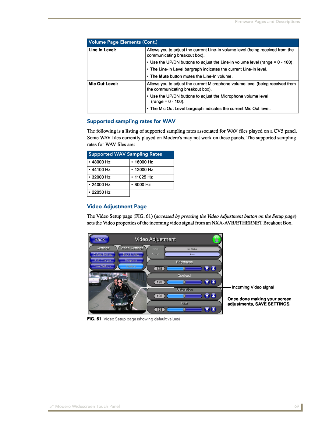 AMX NXD-CV5 manual Supported sampling rates for WAV, Video Adjustment Page, Volume Page Elements Cont, Line In Level 