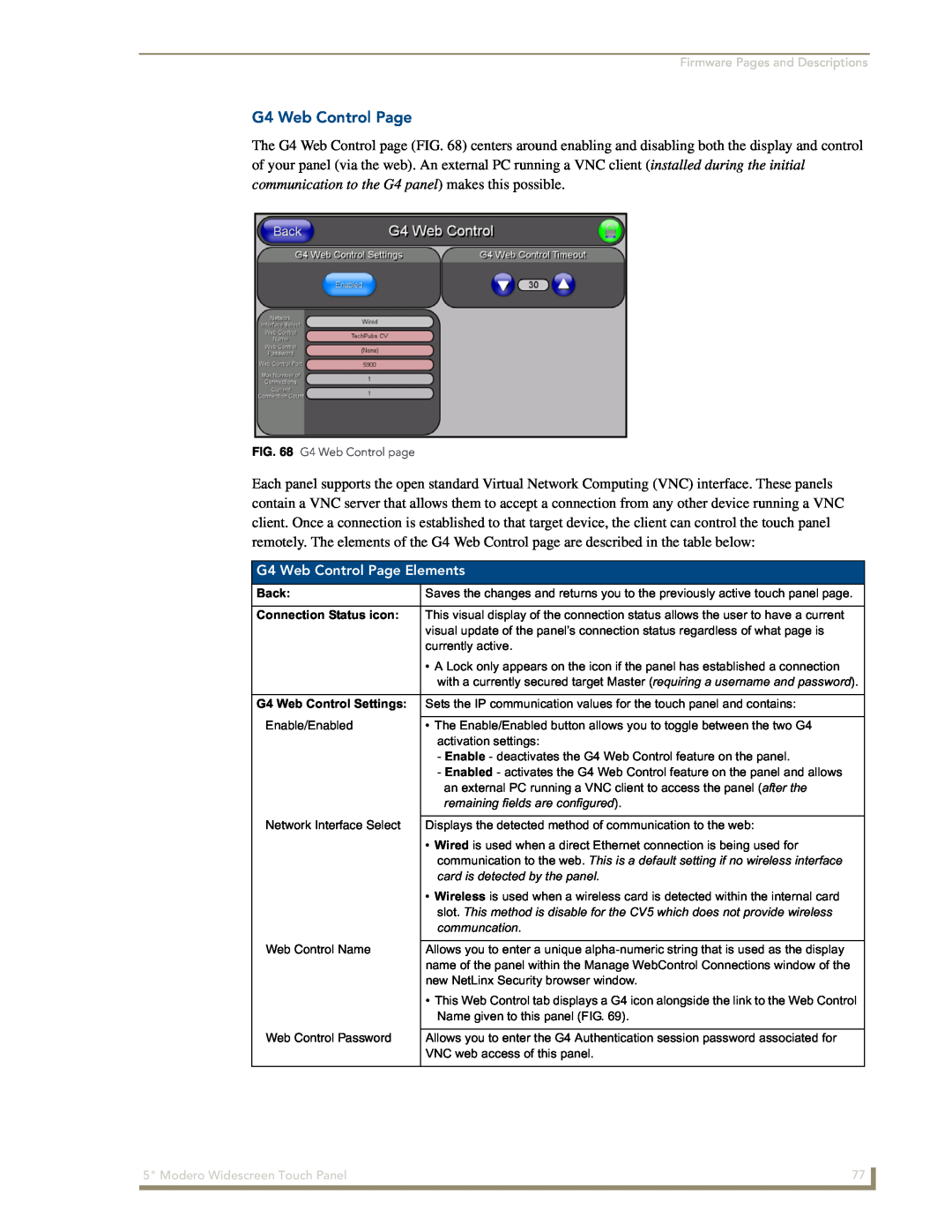 AMX NXD-CV5 G4 Web Control Page Elements, Firmware Pages and Descriptions, Back, Connection Status icon, communcation 